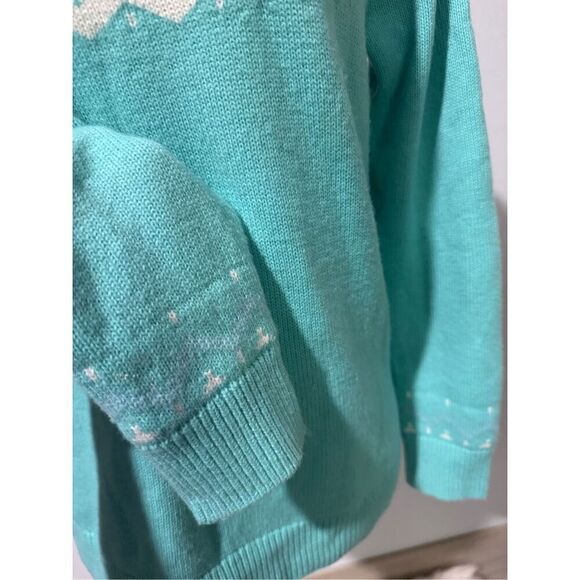 Talbots aqua Fair Isle bird print pullover lambswool blend sweater MP - Picture 6 of 9